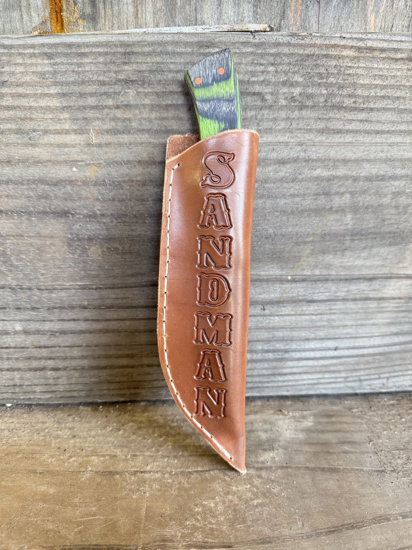 8" OA with green/black laminate wood handle